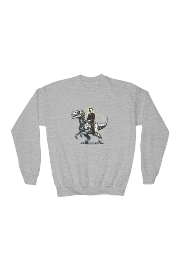 Nikola Tesla Riding a Robot Dinosaur Youth Sweatshirt for Science Kids