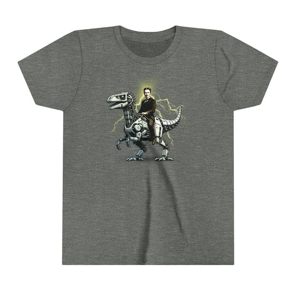 Nikola Tesla on a Robot Dinosaur Youth Shirt, Funny Tee for a Science Kid