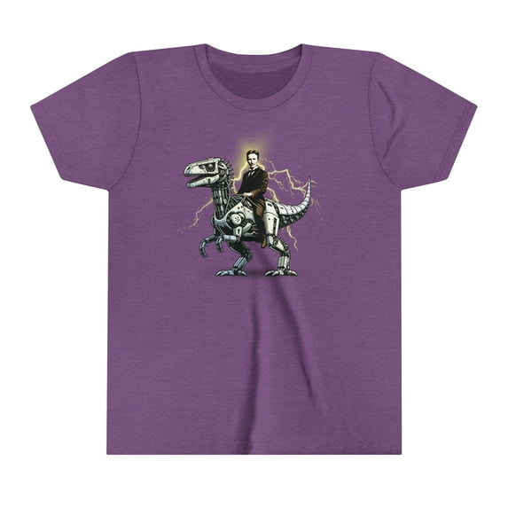 Nikola Tesla on a Robot Dinosaur Youth Shirt, Funny Tee for a Science Kid