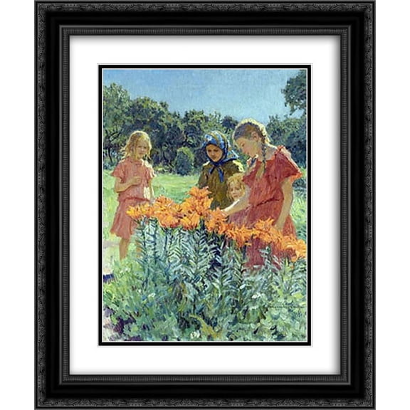 Nikolay Bogdanov Belsky 2x Matted 20x24 Black Ornate Framed Art Print 'Gathering the Flowers'