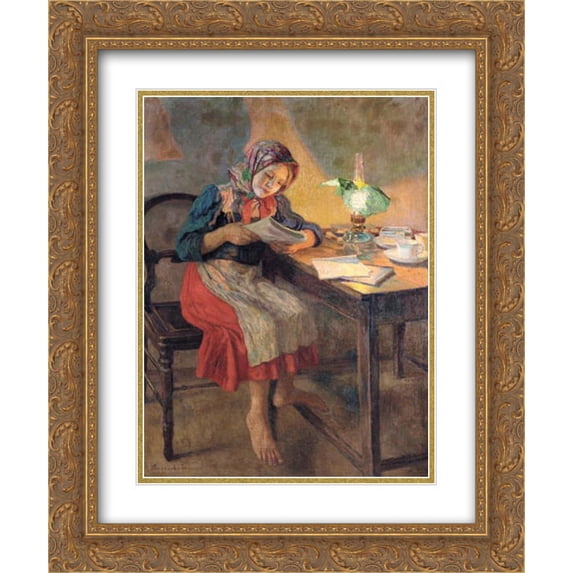 Nikolay Bogdanov Belsky 2x Matted 20x24 Gold Ornate Framed Art Print 'Reading by the Lamp (Schoolgirl)'