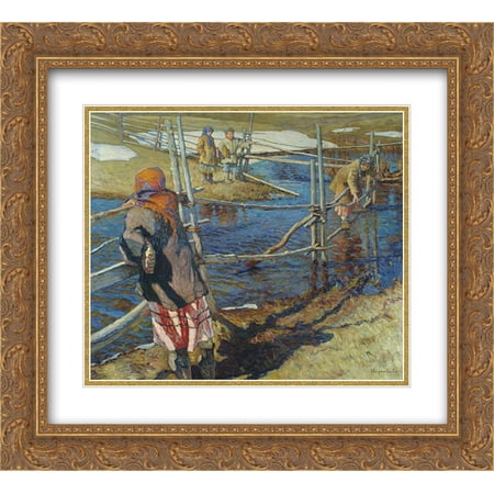Nikolay Bogdanov Belsky 2x Matted 22x20 Gold Ornate Framed Art Print 'Ferriage'