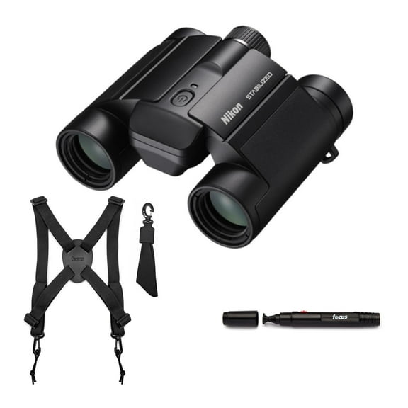 Nikon 10x25 S Dual-Hinge Design Stabilized Binoculars with Multilayer Lens Coatings (Black) Bundle with Focus Camera Binocular Harness and Focus Lens Cleaning Pen (3 Items)