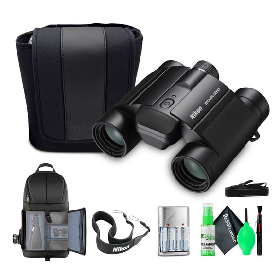 Nikon 10x25 S Stabilized Binoculars - Image Stabilization For Shake-Free Viewing (16782) + Sling Backpack + AA Rechargeable Batteries + Cleaning Kit