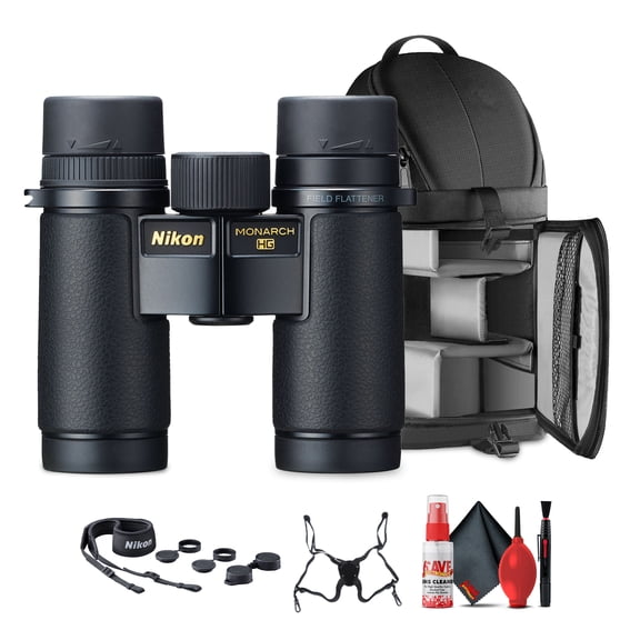 Nikon 10x30 Monarch HG Binoculars | Durable Compact Design for Bird Watching, Hunting, Outdoor Adventure & Sports Events (16576) + Sling Backpack + Cleaning Kit + Suspender Harness