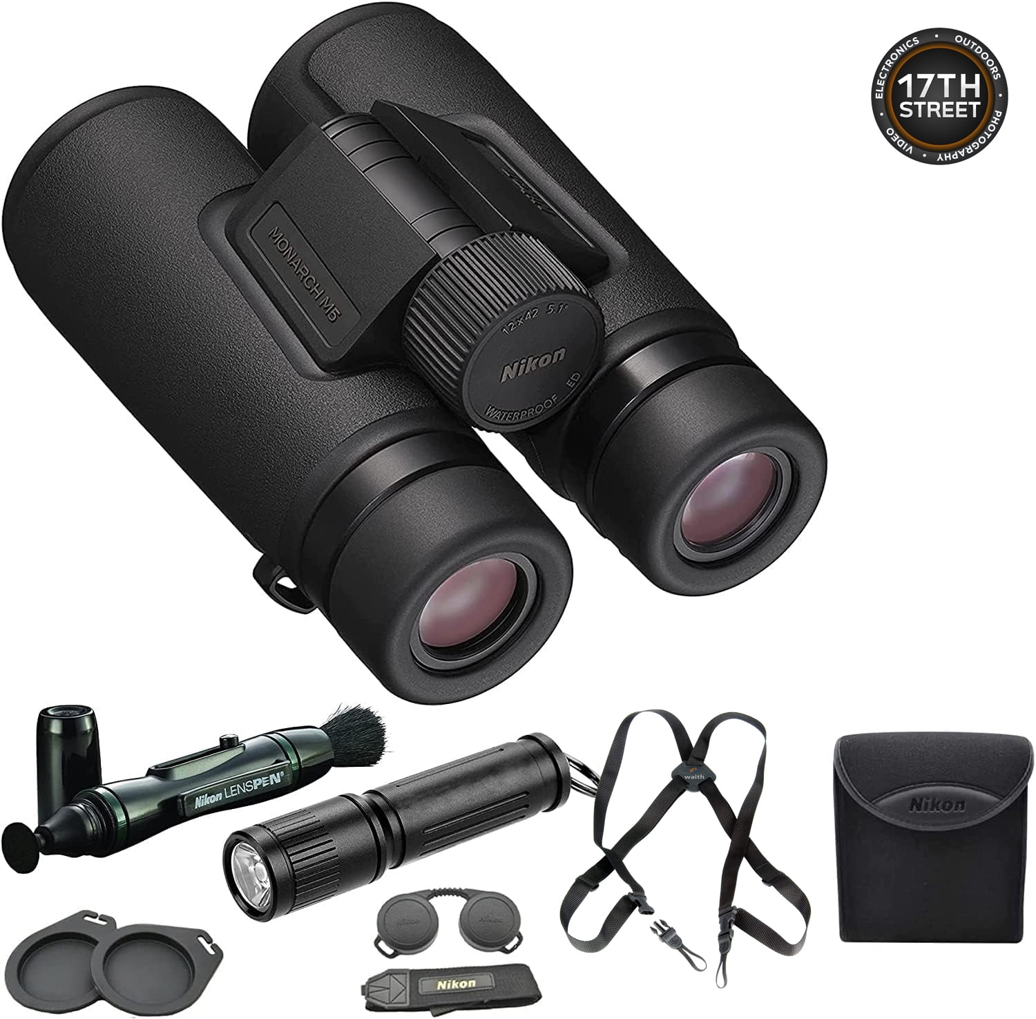 Nikon 12x42 Monarch M5 Binoculars With Lens Pen, Waith Harness, & Flashlight Kit