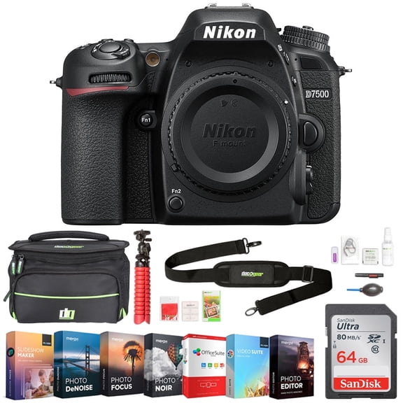Nikon (1581) D7500 20.9MP DX-Format 4K Ultra HD DSLR Camera (Body Only) w/ Accessory Bundle Includes, Deco Gear Camera Bag (Medium) w/ Accessory Kit, 64GB Memory Card & Professional Editing Suite