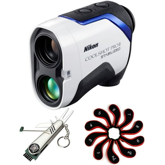 Nikon 16758 COOLSHOT ProII Stabilized Golf Rangefinder with OLED Display & Stabilization Bundle with Steel 7-in-1 Multi-Function Golf Tool and Neoprene Zippered Headcover for Golf Club Iron Head