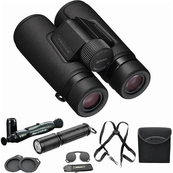 Nikon Monarch M5 10x42 Binoculars for Adults Bundle, Waterproof Binoculars with Lens Pen and Flashlight