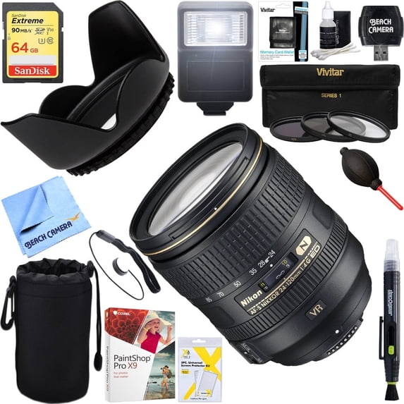 Nikon (2193) 24-120mm f/4G ED VR AF-S NIKKOR Compact Lens for Nikon FX-format D-SLRs + 64GB Ultimate Filter & Flash Photography Bundle
