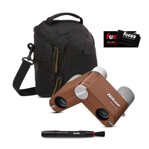 Nikon 4x10D CF Pocket Binoculars (Amber Brown) Bundle with Shoulder Bag, Cleaning Pen and Cloth (4 Items)