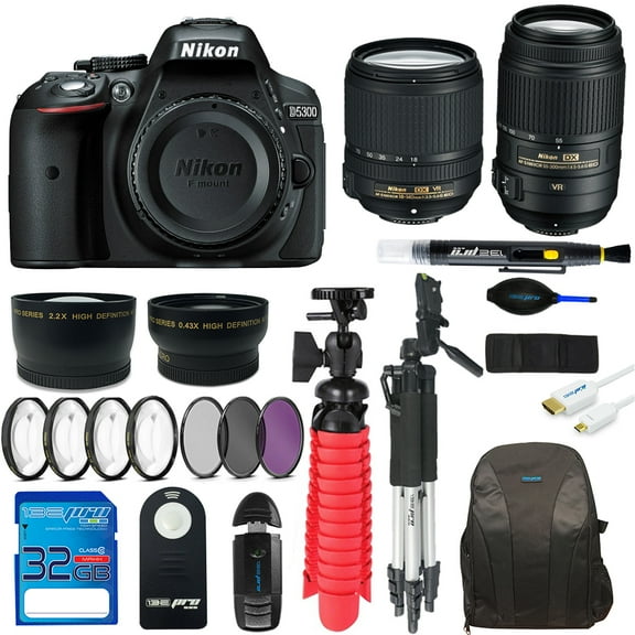 Nikon 5300 DSLR Camera + Nikon AF-S DX NIKKOR 18-140mm f/3.5-5.6G ED VR Lens + Nikon AF-S DX NIKKOR 55-300mm f/4.5-5.6G ED VR Lens + 32GB SD Card + Tripod + Pixi Advanced Bundle