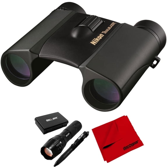 Nikon 8218 10x25 Trailblazer ATB Hunting Binoculars Bundle with Deco Gear Tactical Flashlight and Tactical Pen Set with Water/Shockproof Case and 6 x 6 inch Microfiber Cleaning Cloth