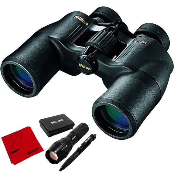 Nikon 8246 ACULON 10x42 Binoculars (A211) Bundle with Deco Gear FPT100BK Tactical Flashlight and Tactical Pen Set with Water/Shockproof Case + Deco Microfiber Cleaning Cloth