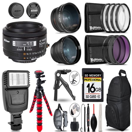 Nikon AF 50mm 1.8D -3 Lens Kit + Slave Flash + Tripod - 16GB Accessory Bundle