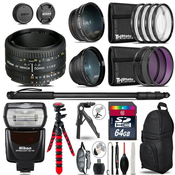 Nikon AF 50mm 1.8D + SB-700 AF Speedlight - 3 Lens Kit - 64GB Accessory Kit (International Version)
