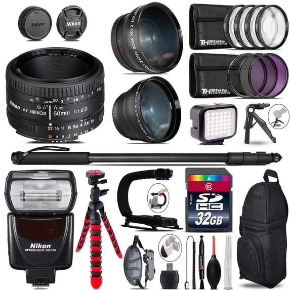 Nikon AF 50mm 1.8D + SB-700 AF Speedlight - LED LIGHT - 32GB Accessory Kit (International Version)