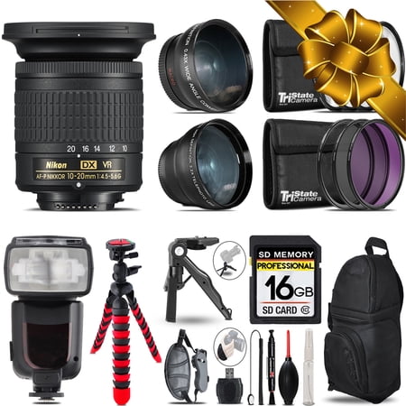 Nikon AF-P 10-20mm VR - 3 Lens Kit + Professional Flash - 16GB Accessory Bundle
