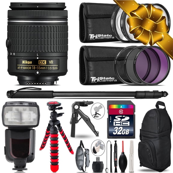 Nikon AF-P 18-55mm VR + Professional Flash + Macro Kit - 32GB Accessory Bundle