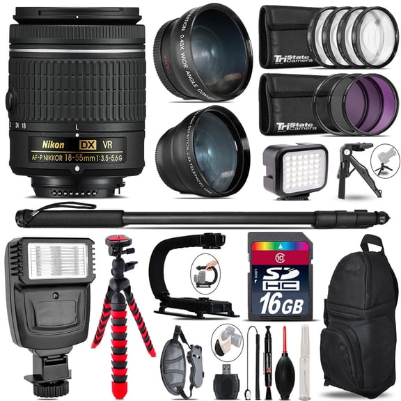 Nikon AF-P 18-55mm VR + Slave Flash + LED Light + Tripod - 16GB Accessory Bundle