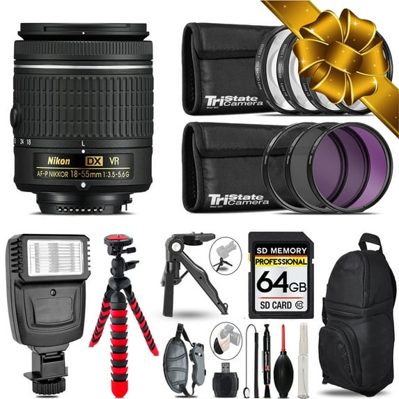 Nikon AF-P 18-55mm VR + Slave Flash + MACRO, UV-CPL-FLD - 64GB Accessory Bundle (International Version)
