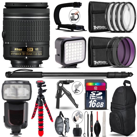 Nikon AF-P 18-55mm VR - Video Kit + Pro Flash + Monopad - 16GB Accessory Bundle