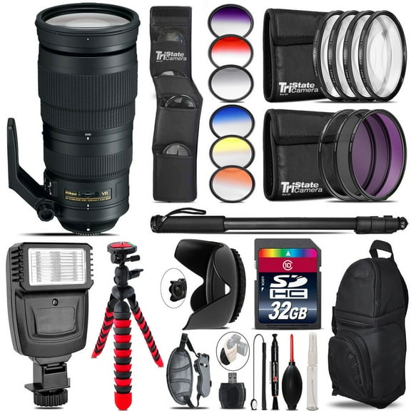 Nikon AF-S 200-500mm  VR Lens + Flash + Color Filter Set - 32GB Accessory Kit