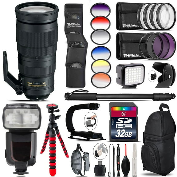 Nikon AF-S 200-500mm  VR Lens + Pro Flash + LED Light - 32GB Accessory Bundle (International Version)