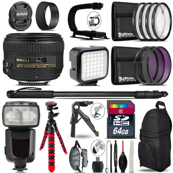Nikon AF-S 50mm 1.4G - Video Kit + Pro Flash + Monopad - 64GB Accessory Bundle