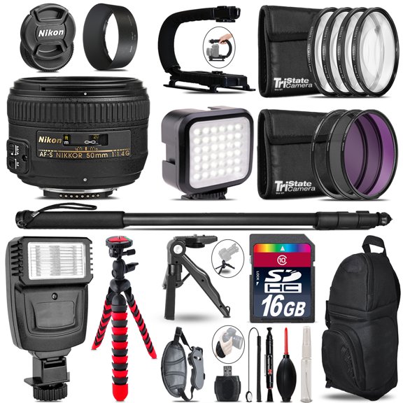 Nikon AF-S 50mm 1.4G -Video Kit + Slave Flash + Monopad - 16GB Accessory Bundle (International Version)