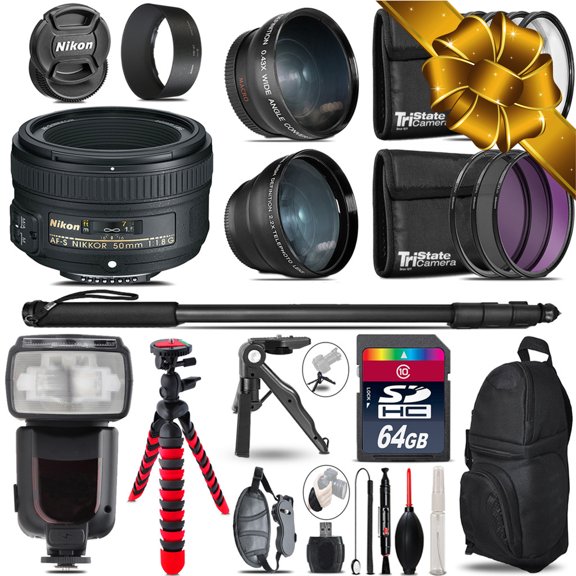 Nikon AF-S 50mm 1.8G - 3 Lens Kit + Professional Flash - 64GB Accessory Bundle