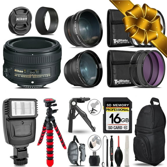 Nikon AF-S 50mm 1.8G -3 Lens Kit + Slave Flash + Tripod - 16GB Accessory Bundle (International Version)