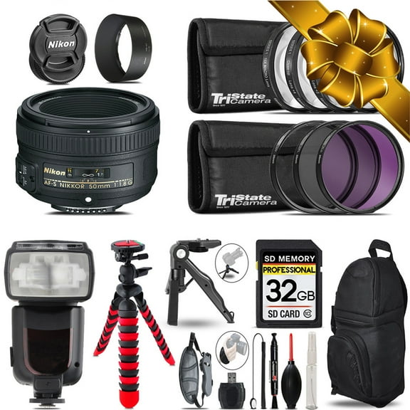 Nikon AF-S 50mm 1.8G + Professional Flash + Macro Kit - 32GB Accessory Bundle (International Version)