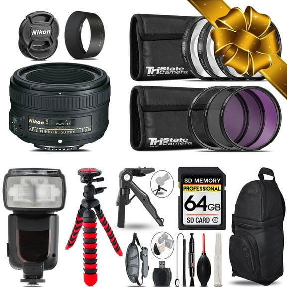 Nikon AF-S 50mm 1.8G + Professional Flash + Macro Kit - 64GB Accessory Bundle