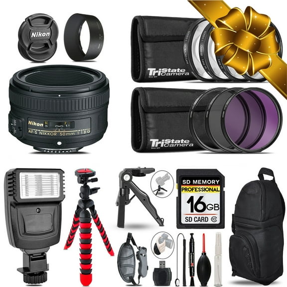 Nikon AF-S 50mm 1.8G + Slave Flash + MACRO, UV-CPL-FLD - 16GB Accessory Bundle