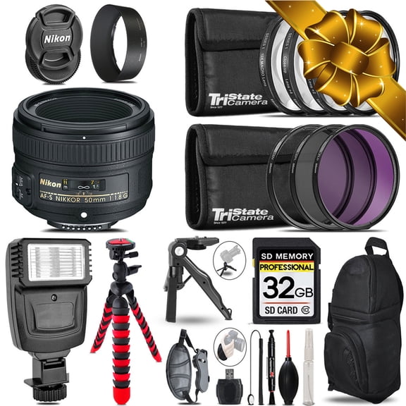 Nikon AF-S 50mm 1.8G + Slave Flash + MACRO, UV-CPL-FLD - 32GB Accessory Bundle (International Version)