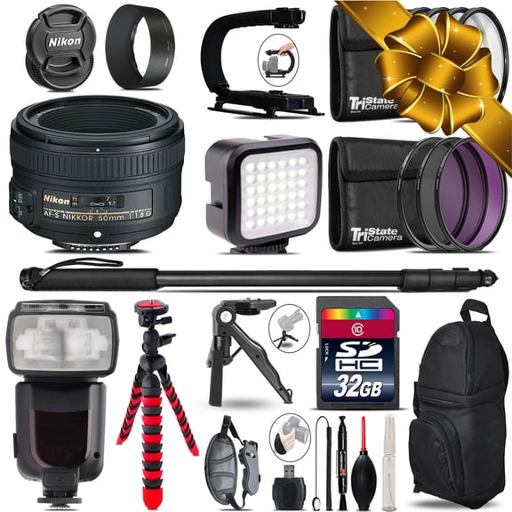 Nikon AF-S 50mm 1.8G - Video Kit + Pro Flash + Monopad - 32GB Accessory Bundle