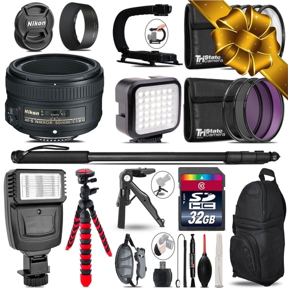 Nikon AF-S 50mm 1.8G -Video Kit + Slave Flash + Monopad - 32GB Accessory Bundle