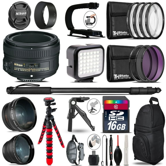 Nikon AF-S 50mm f/ 1.8G-Video Kit + LED KIt + Monopad - 16GB Accessory Bundle