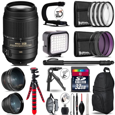 Nikon AF-S 55-300mm VR -Video Kit + LED KIt + Monopad - 32GB Accessory Bundle (International Version)