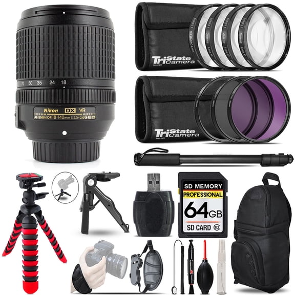 Nikon AF-S DX NIKKOR 18-140mm f/3.5-5.6G ED VR Lens+ MACRO, UV-CPL-FLD Filter + Monopad - 64GB Accessory Kit (International Version)