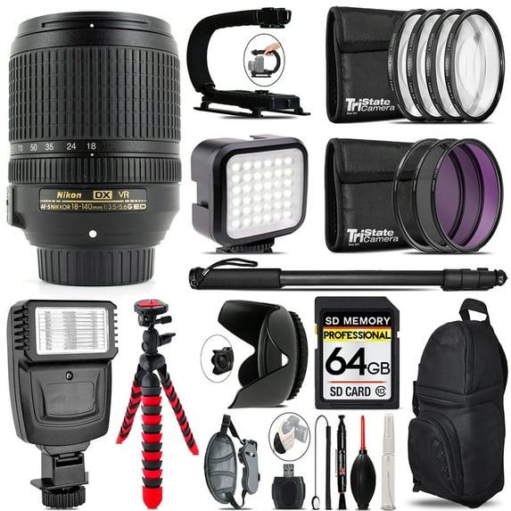 Nikon AF-S DX NIKKOR 18-140mm f/3.5-5.6G ED VR Lens- Video Kit + Flash - 64GB Accessory Bundle