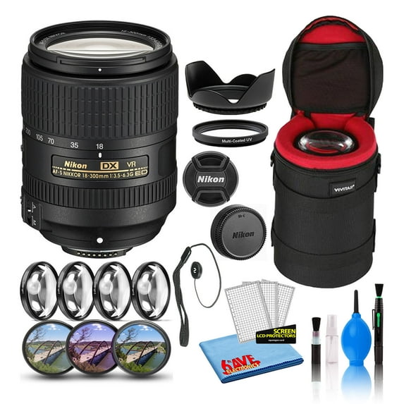 Nikon AF-S DX NIKKOR 18-300mm F/3.5-6.3G ED VR Lens (2216) Intl with Padded Lens Case + Macro Filter Kit + UV, CPL, FL Lens Filters + Tulip Hood + Lens Cap Keeper + Cleaning Kit