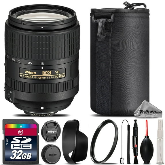 Nikon AF-S DX NIKKOR 18-300mm f/3.5 VR Lens + Lens Hood + U.V Filter - 32GB Kit (International Version)