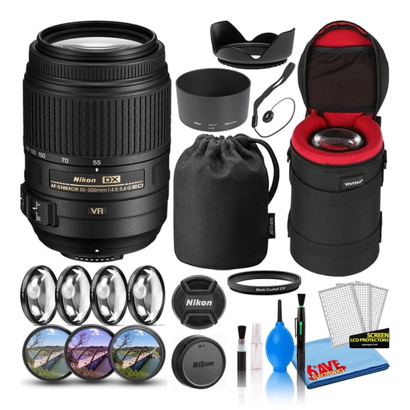 Nikon AF-S DX NIKKOR 55-300mm f/4.5-5.6G ED VR Lens + Macro Filter Kit + UV, CPL, FL Filters + Tulip Hood + Lens Cap Keeper + Padded Case + Cleaning Kit (International Model)