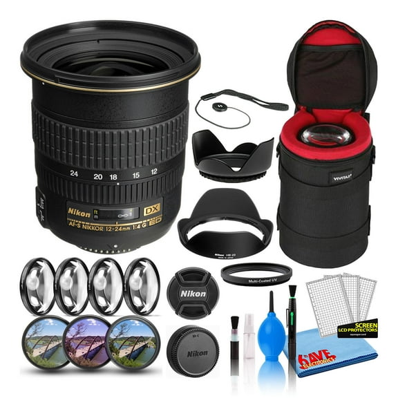 Nikon AF-S DX Zoom-NIKKOR 12-24mm F/4G IF-ED Lens (2144) Intl with Padded Lens Case + Macro Filter Kit + UV, CPL, FL Lens Filters + Tulip Hood + Lens Cap Keeper + Cleaning Kit