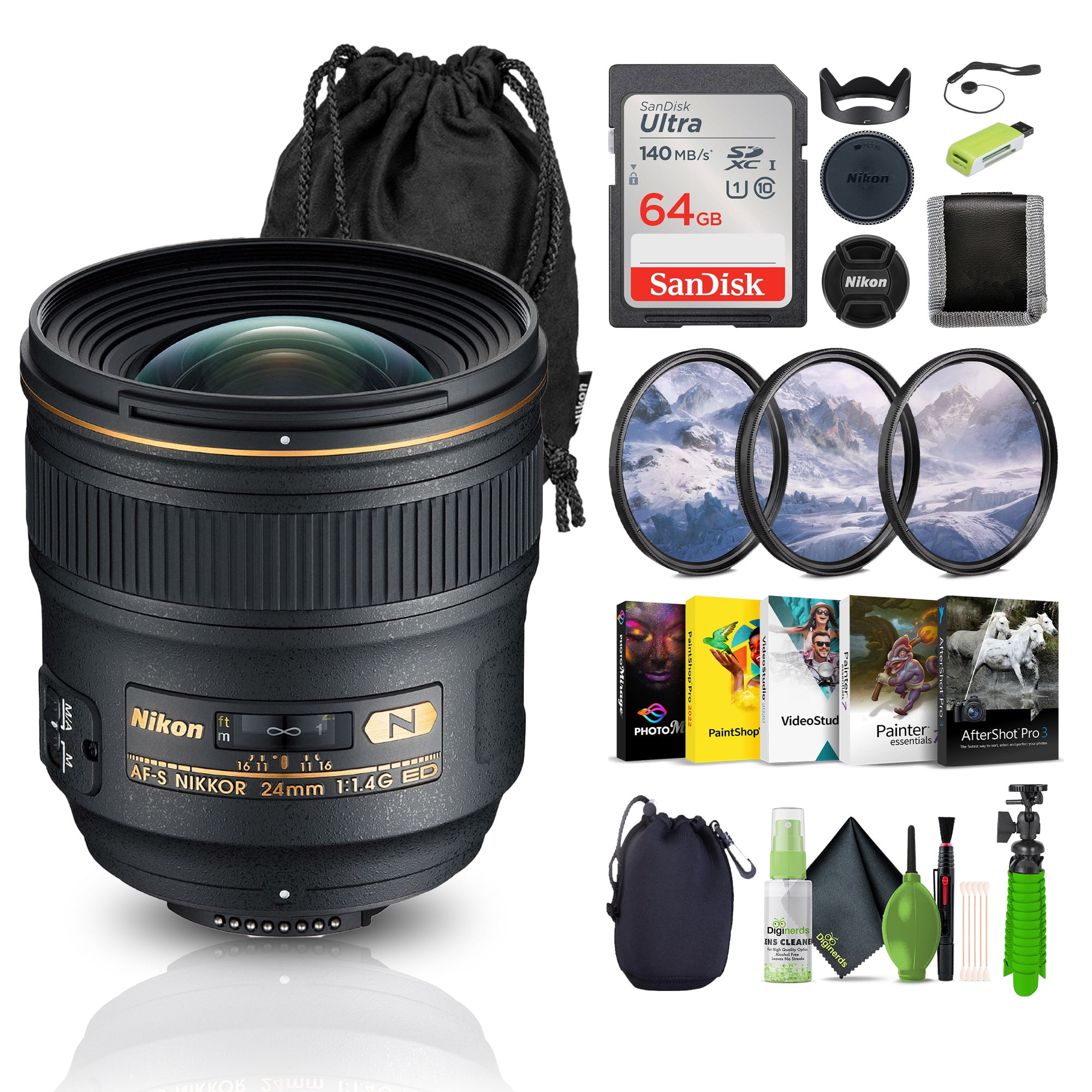 Nikon AF-S NIKKOR 24mm f/1.4G ED Prime Lens Bundle 64GB Card 