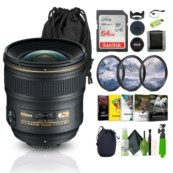 Nikon AF-S NIKKOR 24mm F/1.4G ED Auto Focus Zoom Lens + Memory Card Wallet + Ultra 64GB Memory Card + Card Reader + 3 Piece Filter Kit + 12 Inch Flex Tripod + Photo Editing Software + More