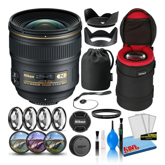 Nikon AF-S NIKKOR 24mm F/1.4G ED Prime Lens (2184) Intl with Padded Lens Case + Macro Filter Kit + UV, CPL, FL Lens Filters + Tulip Hood + Lens Cap Keeper + Cleaning Kit