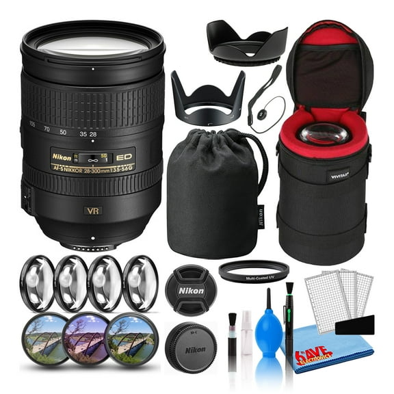 Nikon AF-S NIKKOR 28-300mm F/3.5-5.6G ED VR Lens (2191) Intl with Padded Lens Case + Macro Filter Kit + UV, CPL, FL Lens Filters + Tulip Hood + Lens Cap Keeper + Cleaning Kit